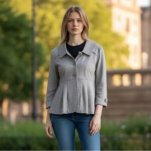 Motto Women's Cropped Pea Coat Heather Gray Pleated Button-Up Size-L NWT